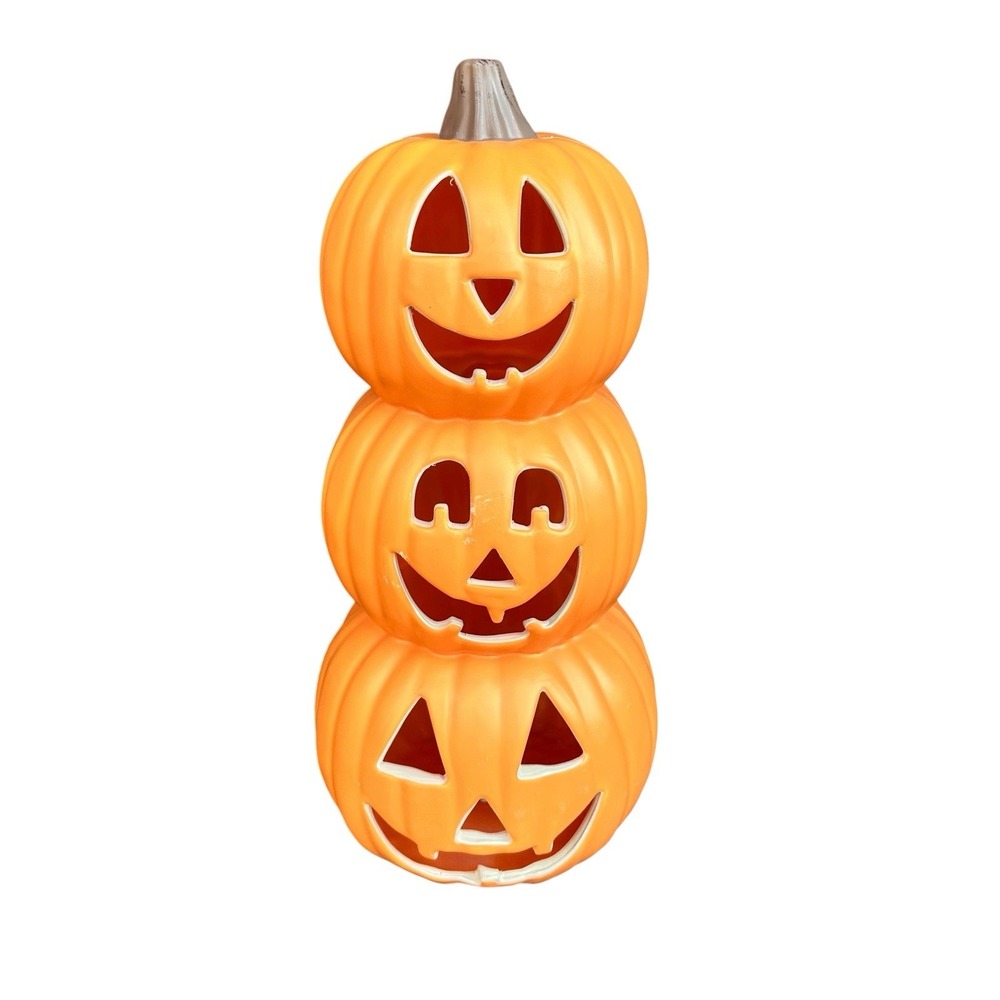 Vtg Gemmy Blow Mold Halloween 3 Stack Tier Orange Pumpkins Jack-O-Lanterns-Light